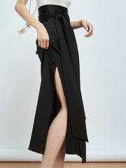 Effortless Tie Front Satin Flowy Slit Midi Skirt