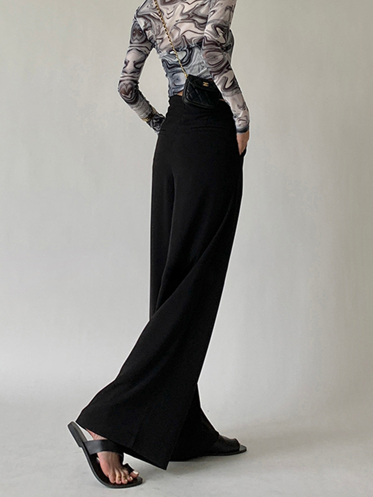 Pleated V Waist Flowy Wide Leg Pants