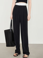 Contrast Waistband Pleated Full Length Wide Leg Pants