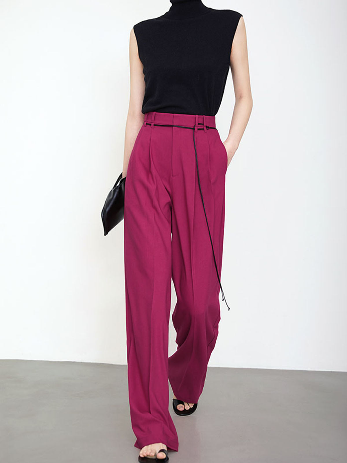 Full Length String Decor Pleated Wide Leg Pants