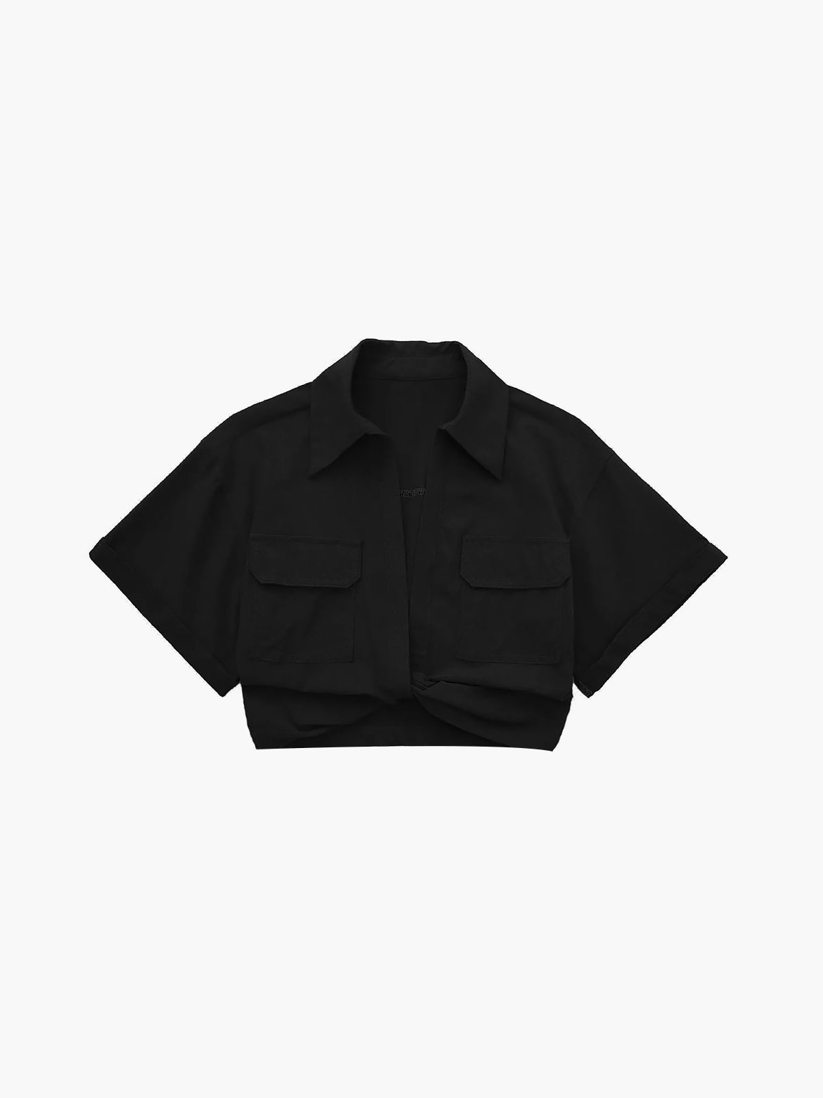 Open Collar Pockets Crop Twist Shirt