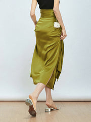 Effortless Tie Front Satin Flowy Slit Midi Skirt