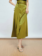 Effortless Tie Front Satin Flowy Slit Midi Skirt