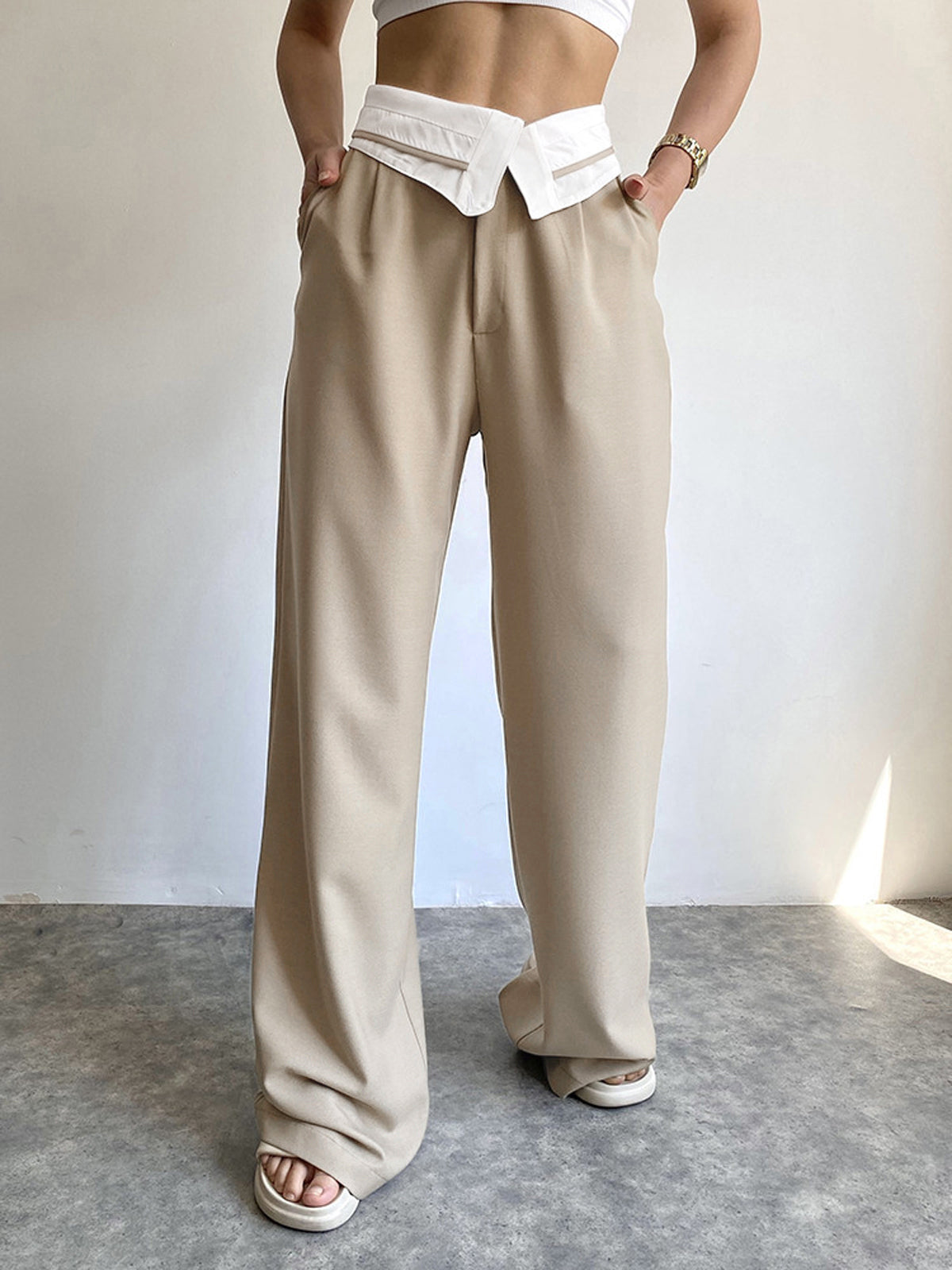 Contrast Waist Leisure Wide Leg Pants