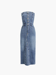 Denim Strapless Tube Midi Jean Dress