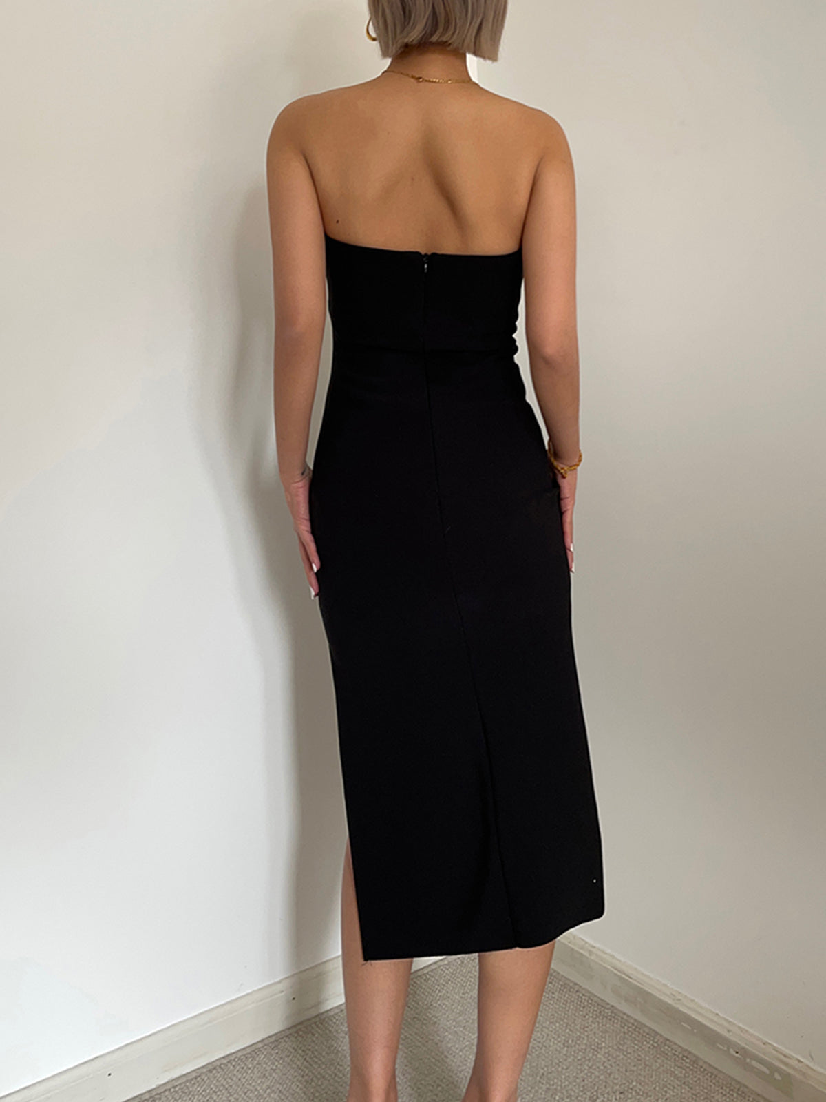 Ruched Slit Strapless Midi Dress