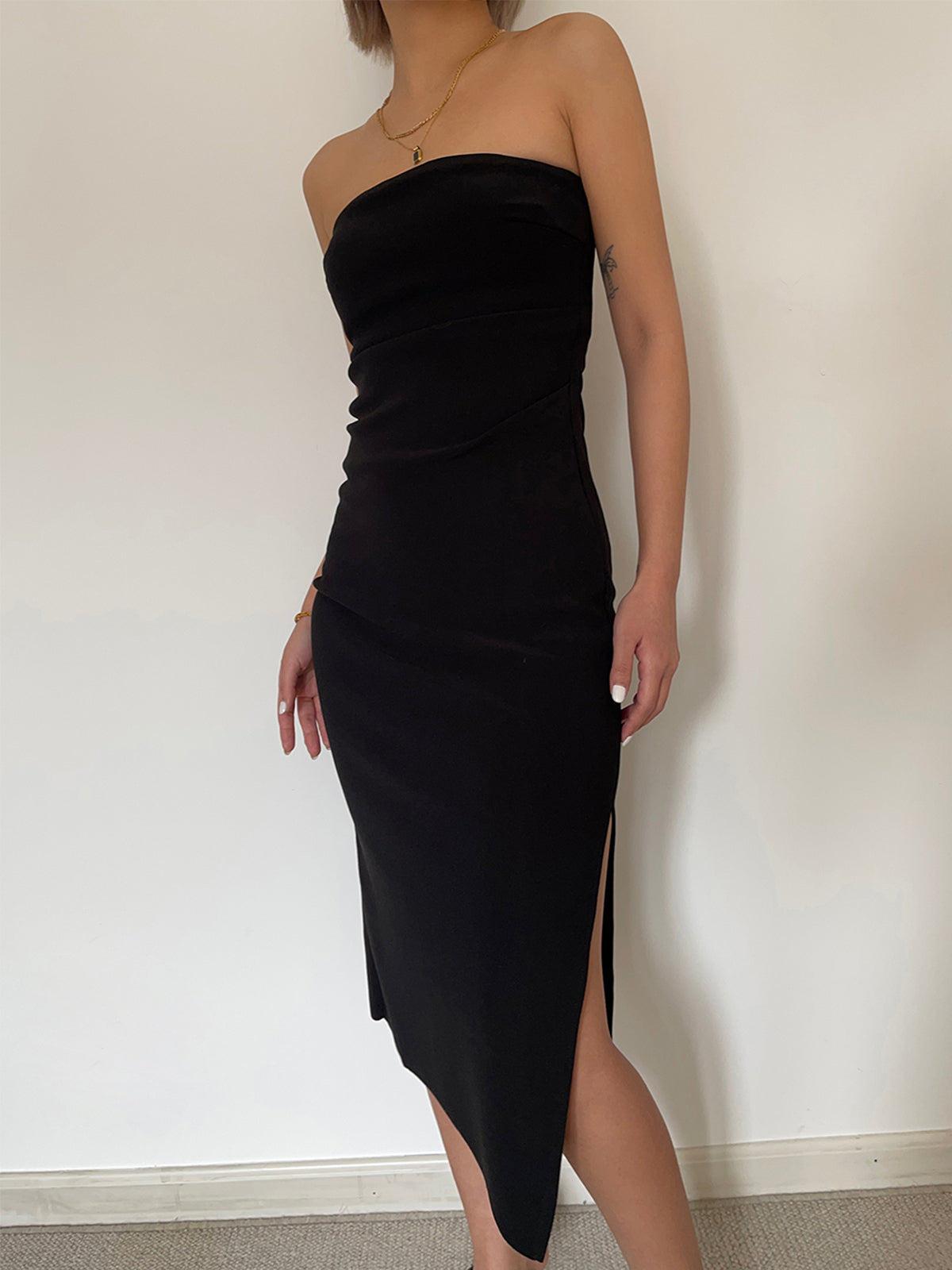 Ruched Slit Strapless Midi Dress