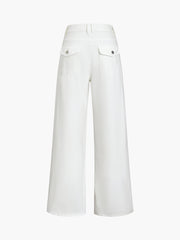 Buttoned White Denim Wide Leg Jeans