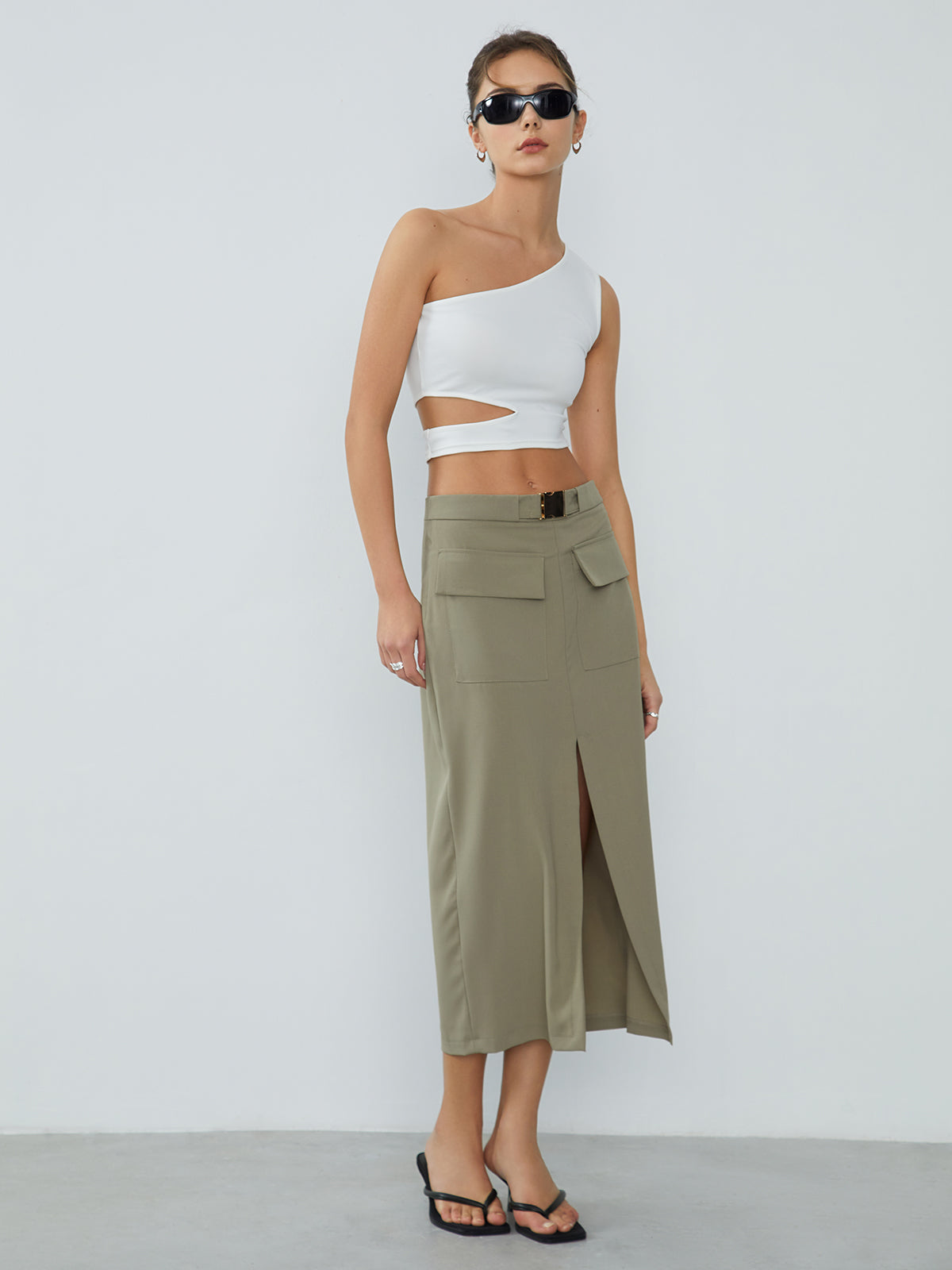 Zip Up Belted Pockets Midi Skirt