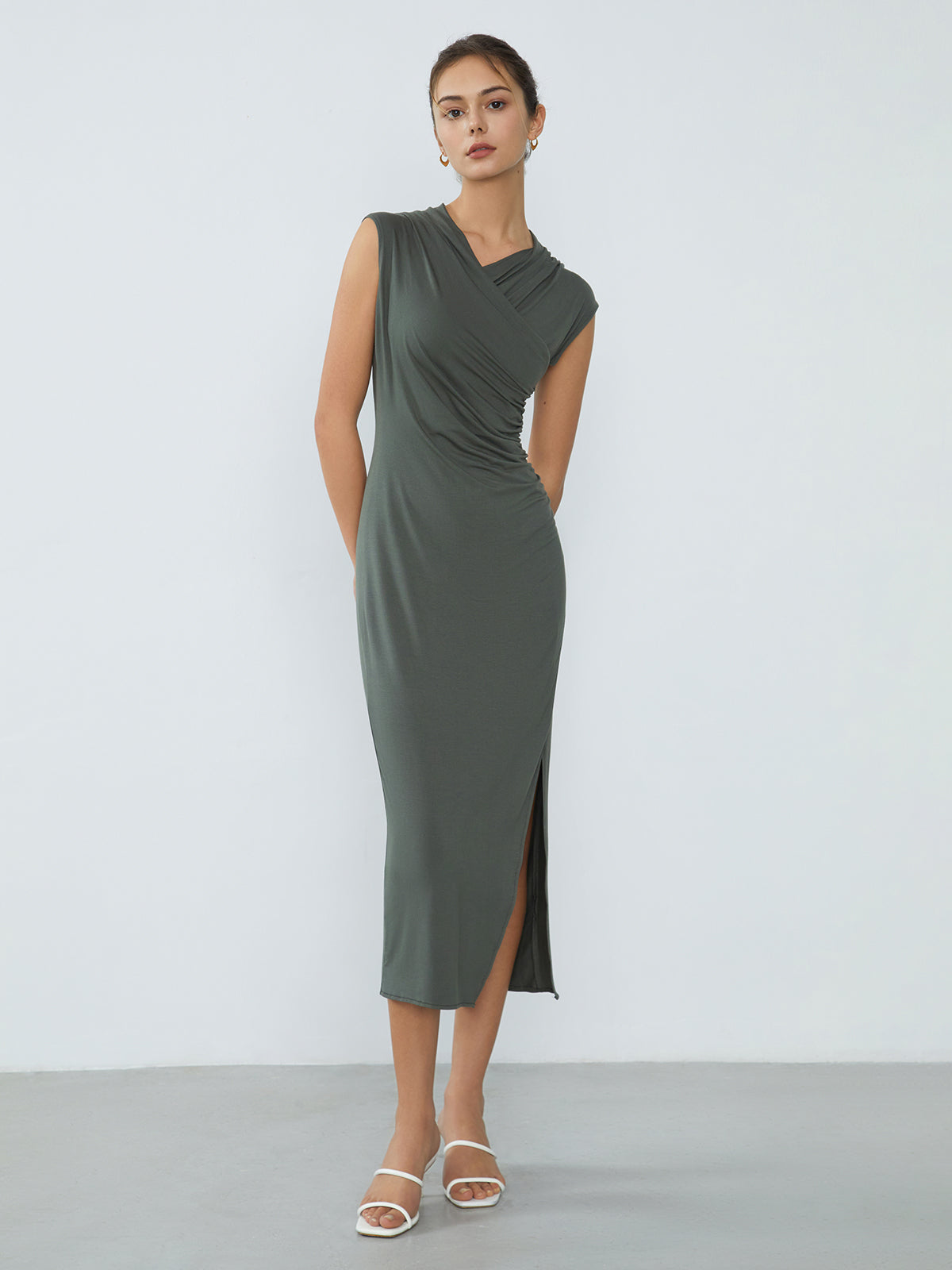 Wrap Ruched Slit Long Dress