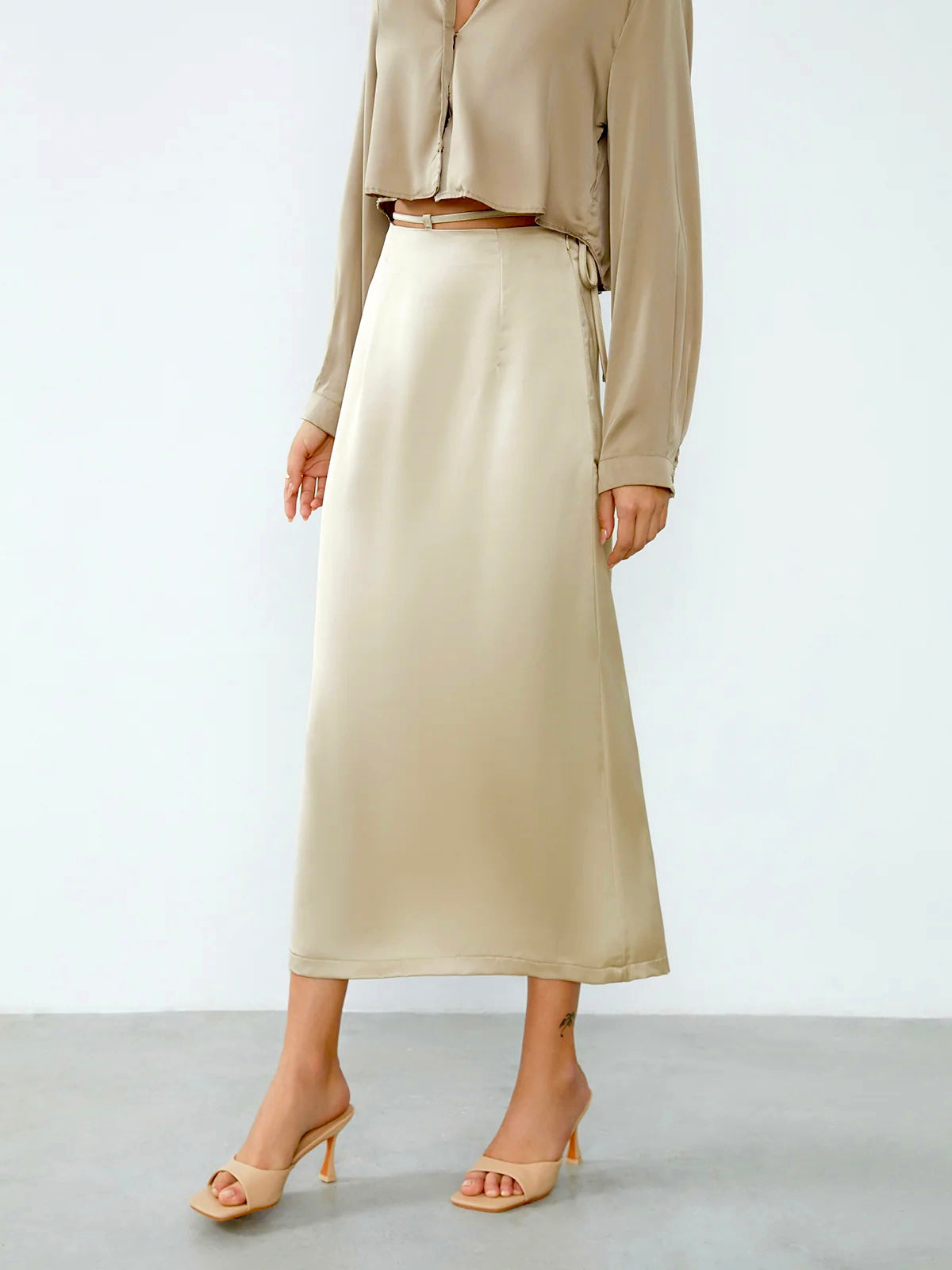 Front Tie Satin Long Skirt