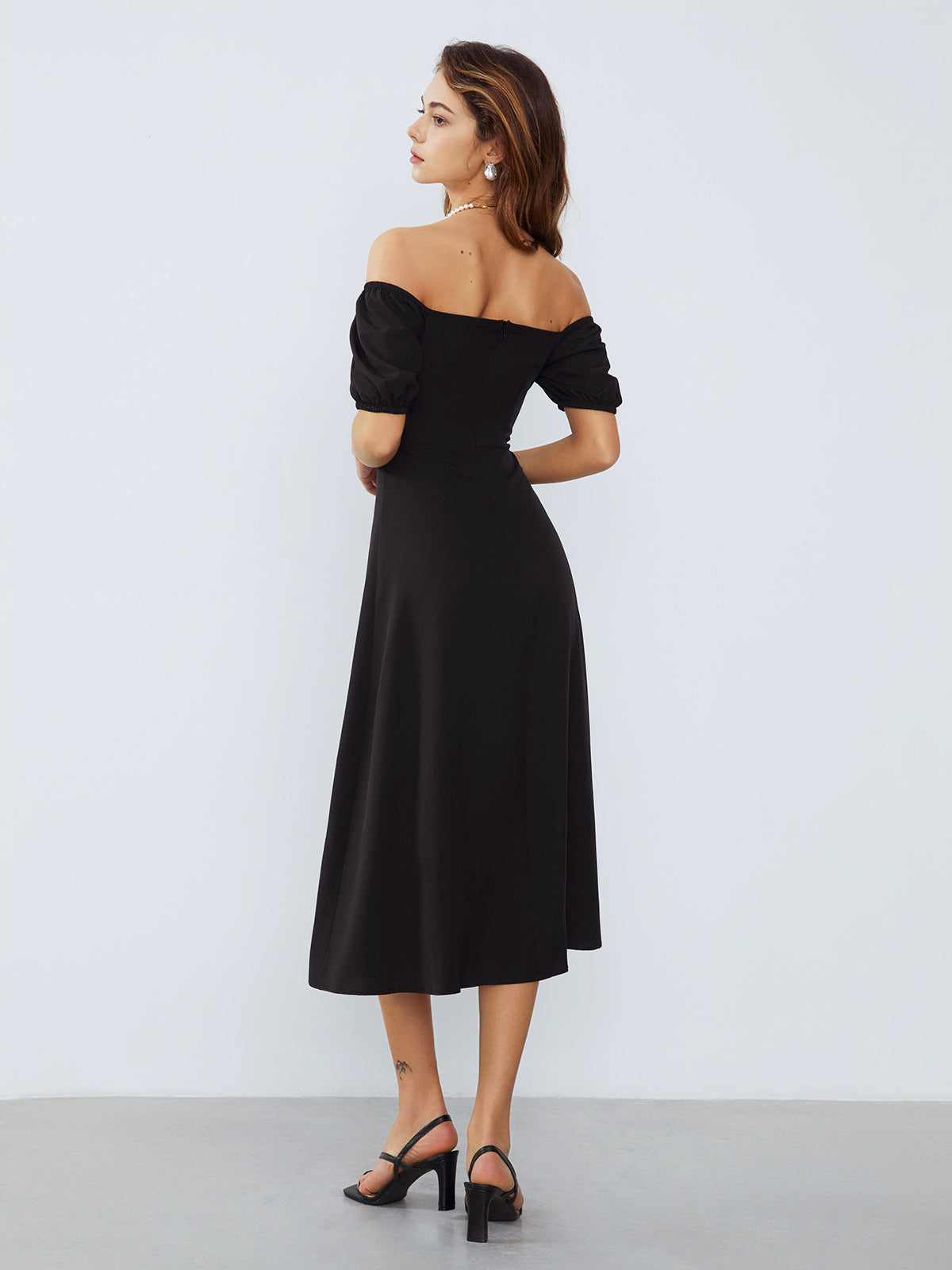 Off Shoulder Puff Sleeve Midi Dress