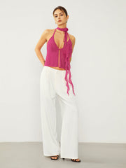 Ruffle Rosette Open Back Halter Mesh Crop Top