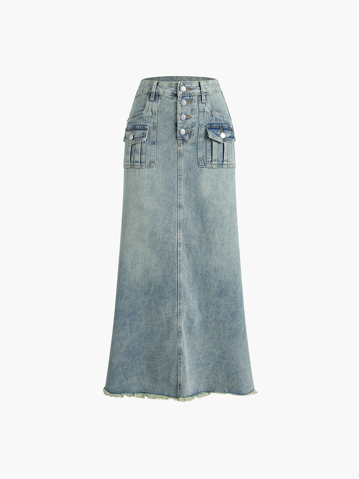 Triple Buttoned Denim Long Skirt