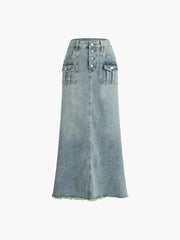 Triple Buttoned Denim Long Skirt