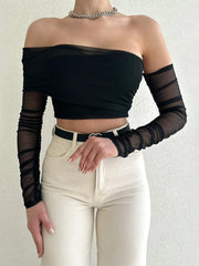 Off Shoulder Mesh Wrap Crop Shirt