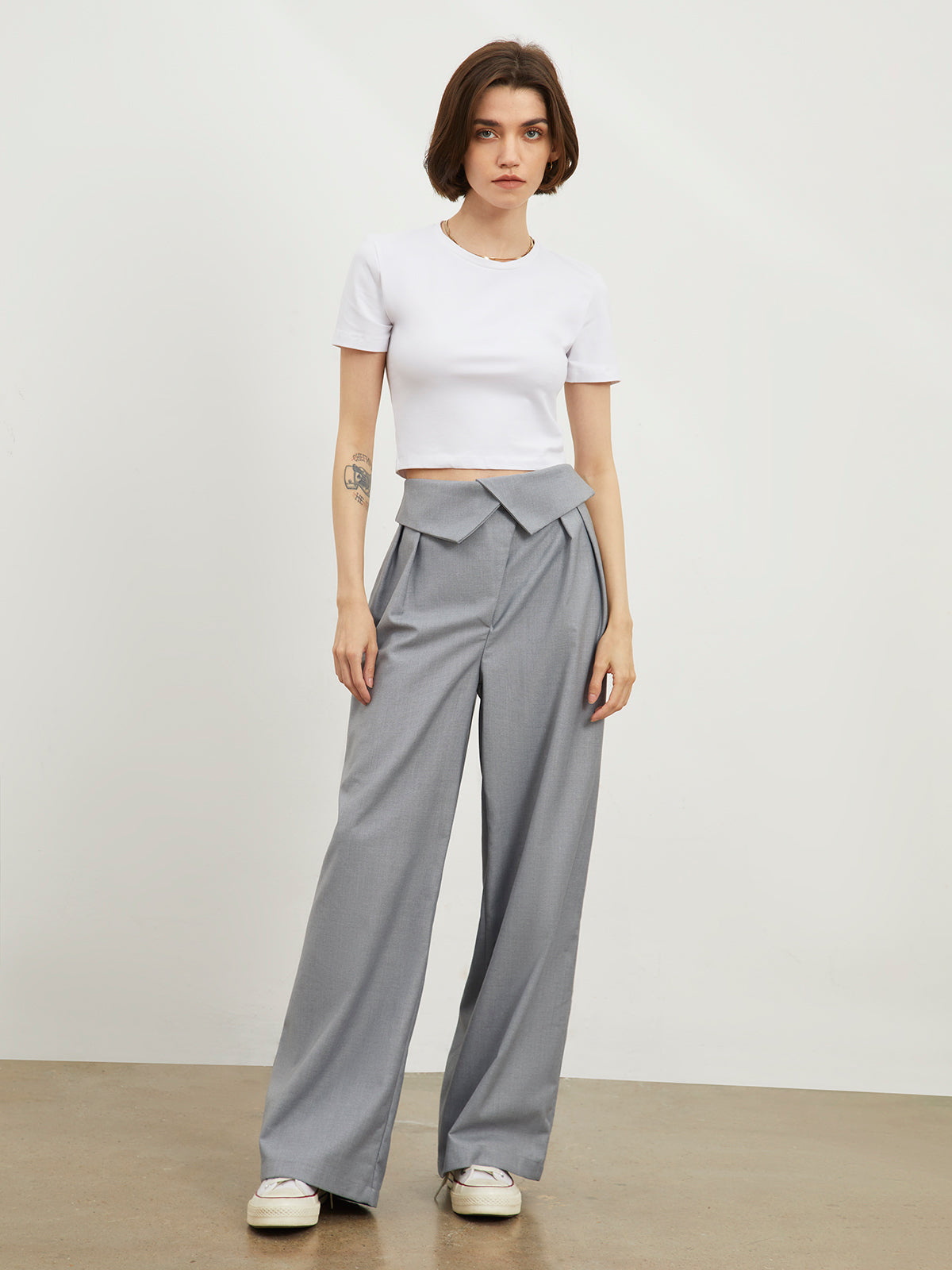 Fold Over Waistband Wide Leg Pants