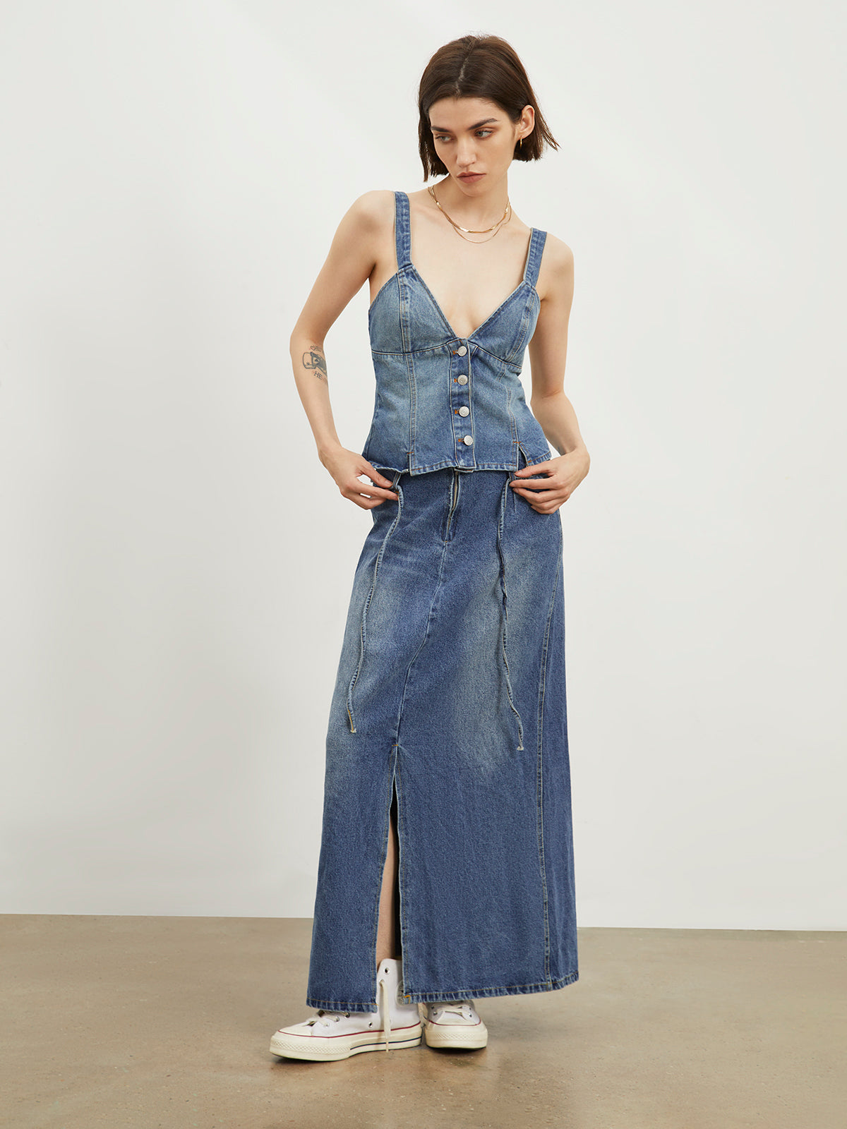 Tied Denim Long Skirt