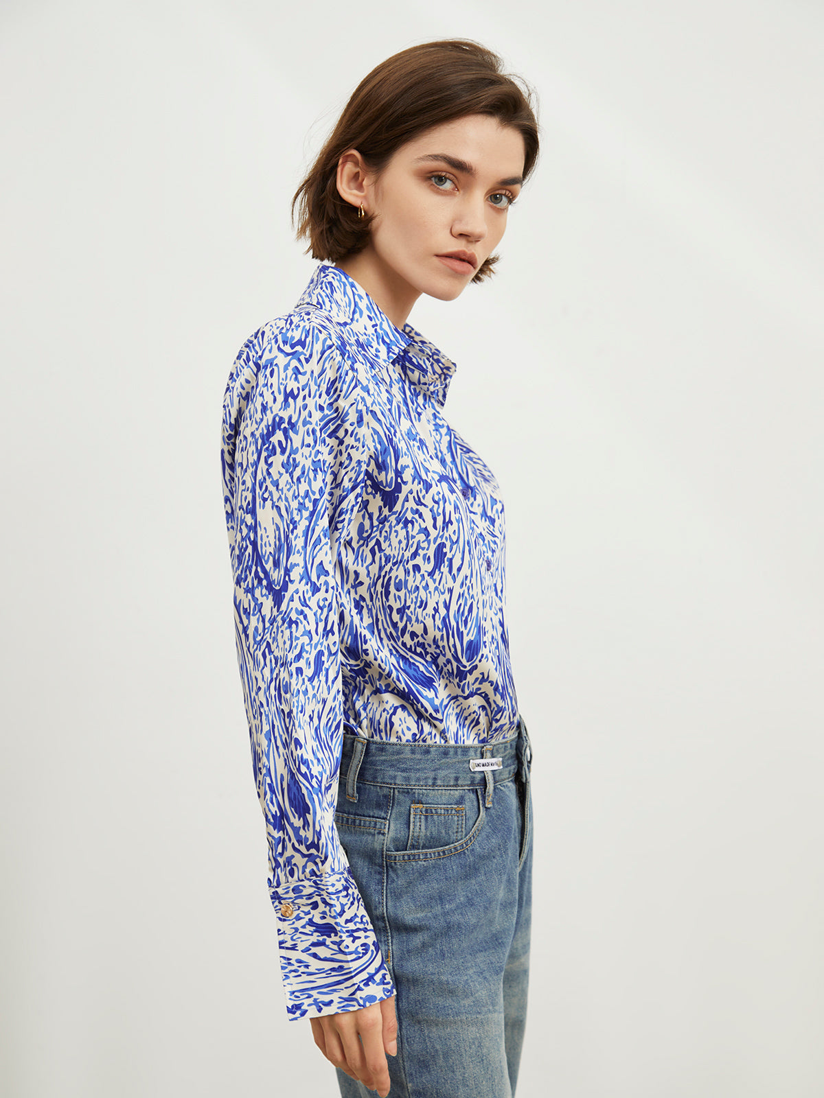 Printed Satin Button Down Shirt