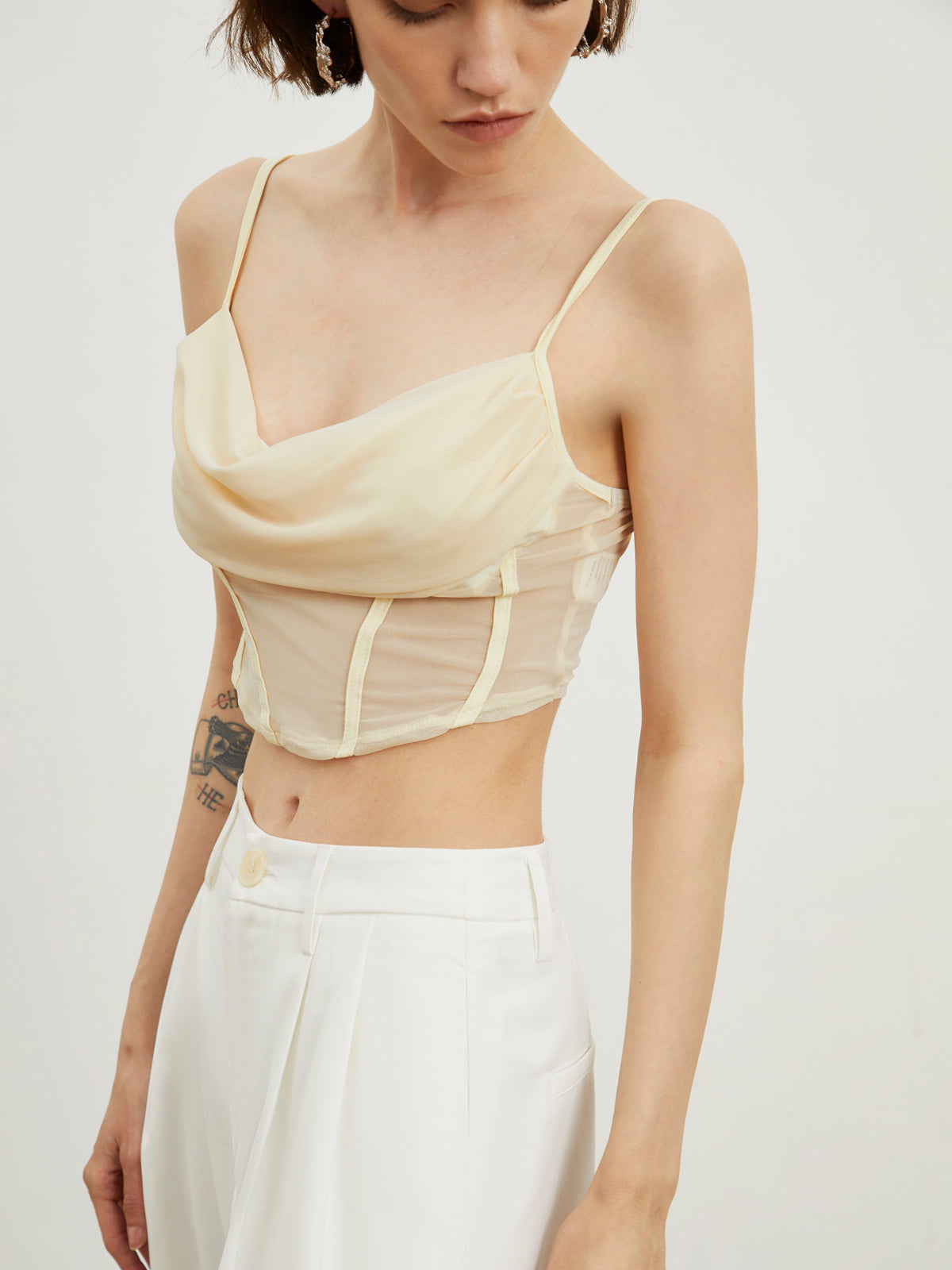 Cowl Neck Mesh Corset Crop Top