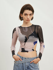 Colorblock Cutout Mesh Crop Top