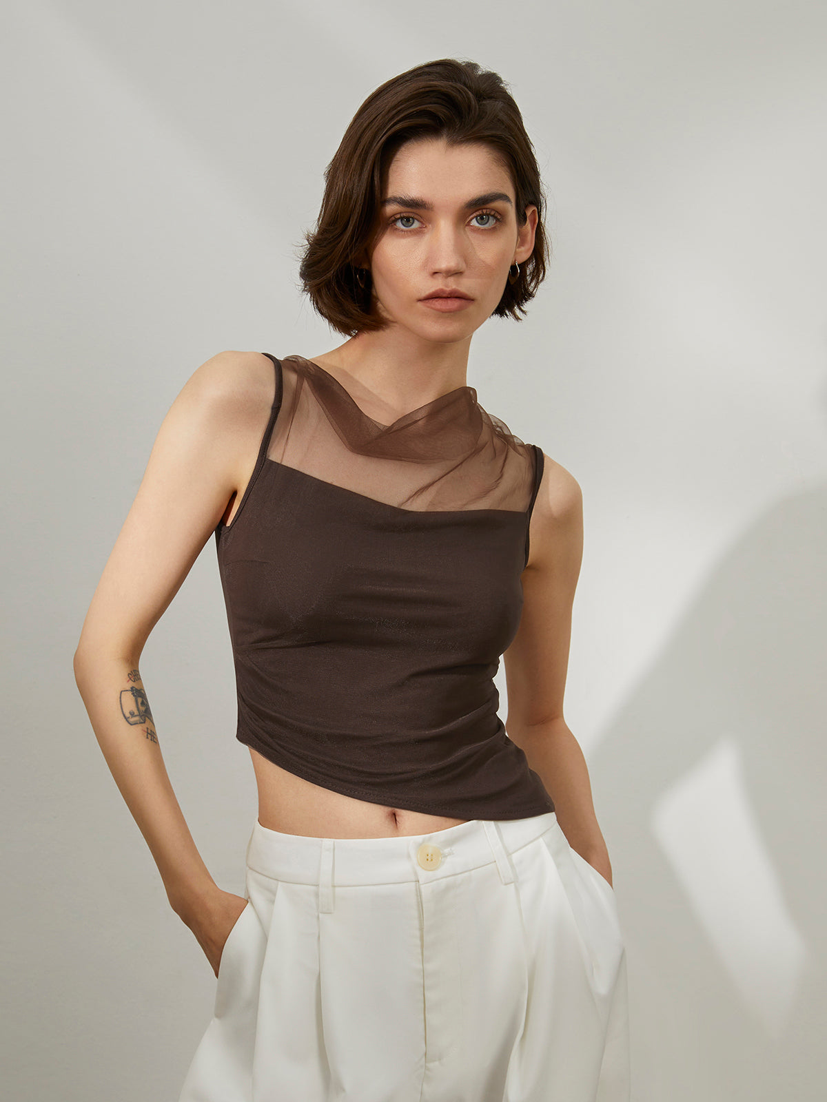 Combination Mesh Asymmetrical Crop Top