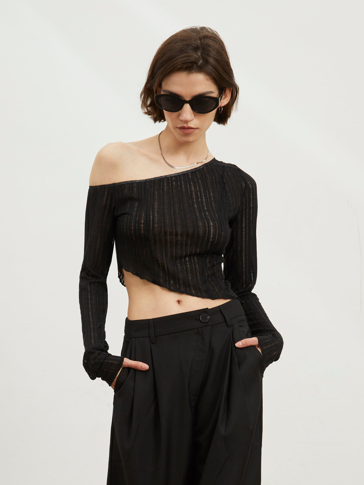 Ladder Knit Oblique Crop Top