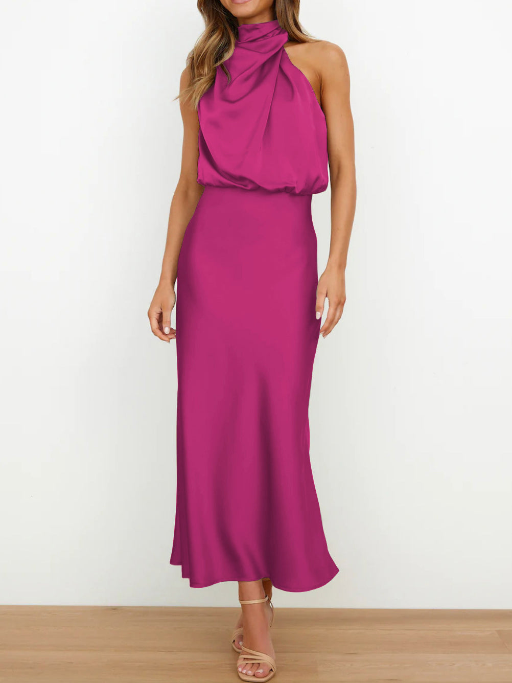 Cowl Neck Ruched Satin Long Dress