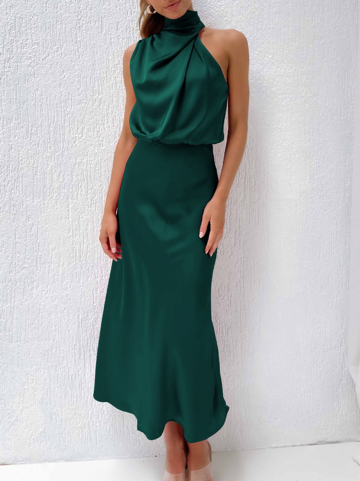 Cowl Neck Ruched Satin Long Dress