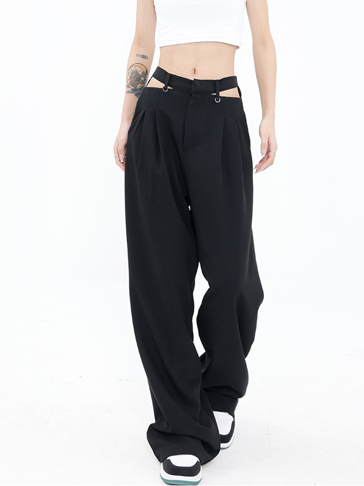 Waist Cutout Pleat Wide Leg Pants