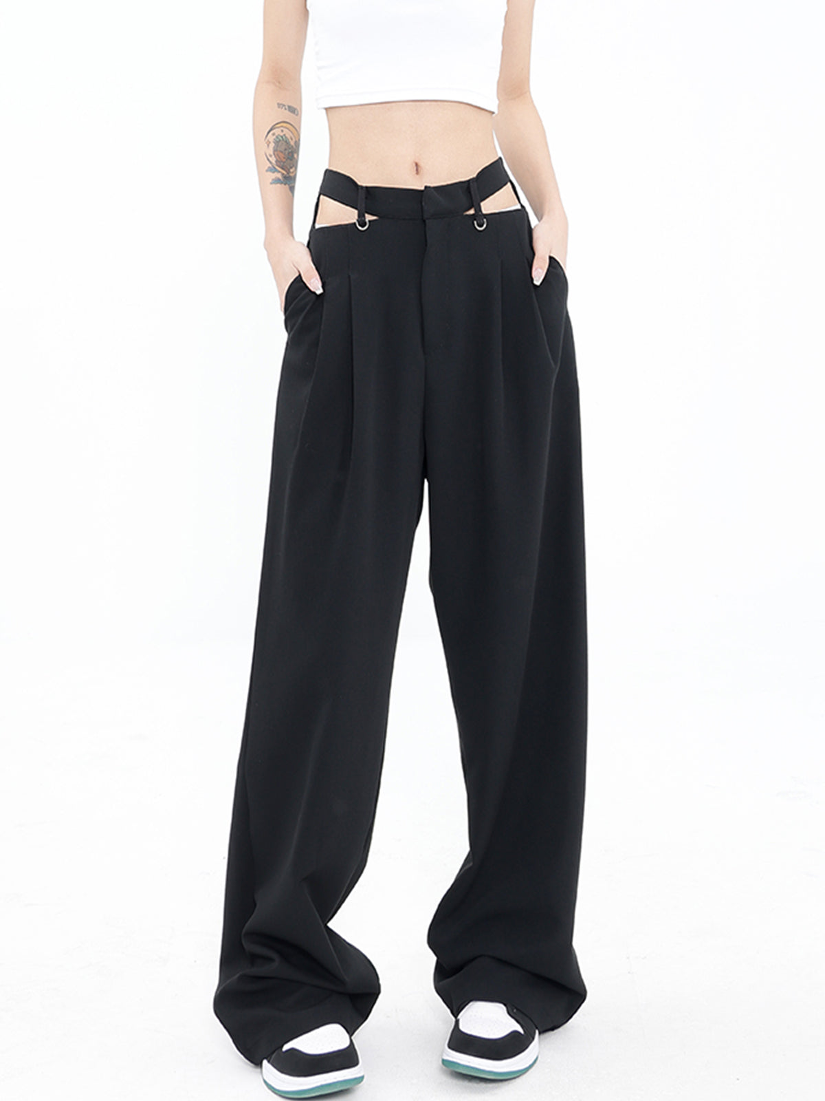 Waist Cutout Pleat Wide Leg Pants