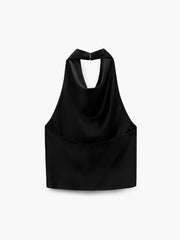 Cowl Halter Neck Open Back Satin Crop Top