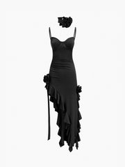 Rosette Choker Ruffle Oblique Midi Dress