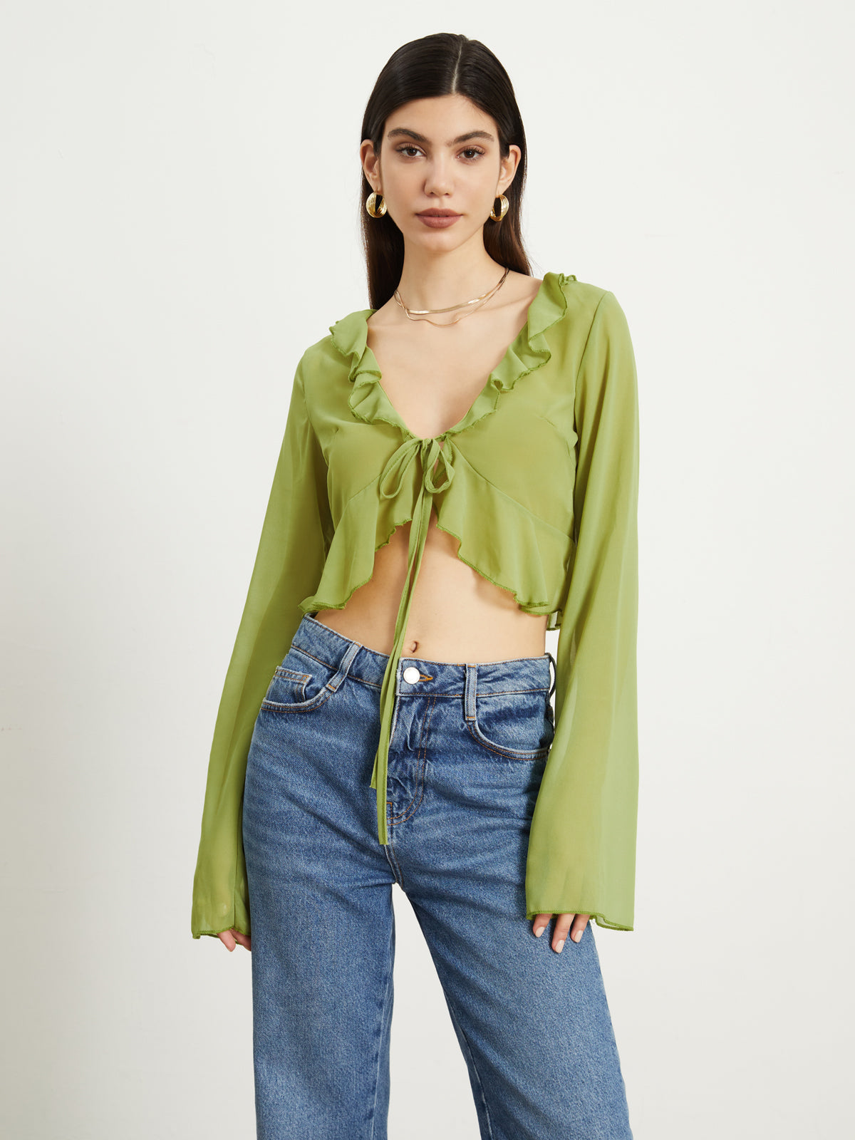 Translucent Ruffled Cropped Blouse Ruffle Trim Tied Crop Blouse – Chicwild