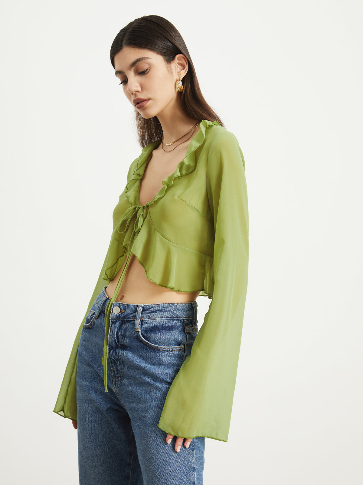 Translucent Ruffled Cropped Blouse Ruffle Trim Tied Crop Blouse – Chicwild