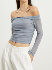 Off-Shoulder Mesh Ruched Crop Top