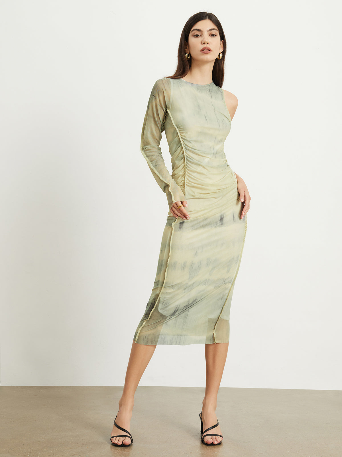 Tie Dye One Sleeve Mesh Midi Dress