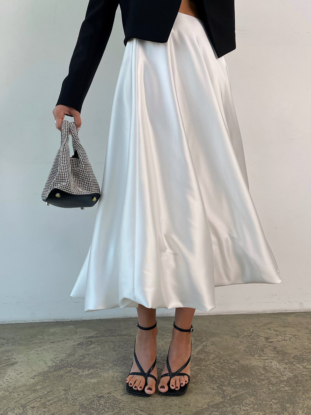 Zippered Satin A-Line Midi Skirt