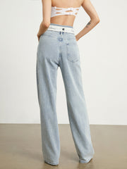 Fold Over Light Blue Straight Leg Jeans