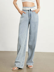 Fold Over Light Blue Straight Leg Jeans