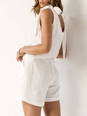 Tied Plisse Cotton Two Piece Shorts Set