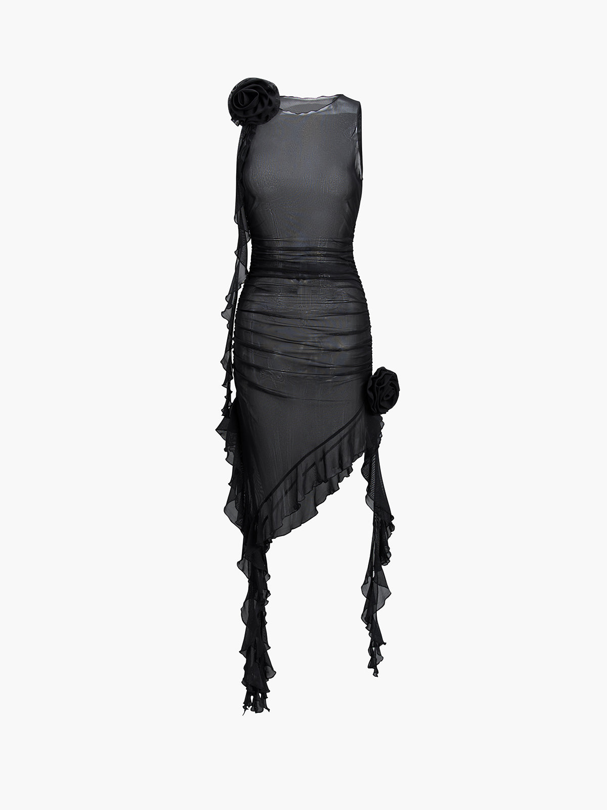 Rosette Ruffle Oblique Midi Dress
