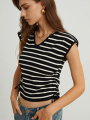 Cap Sleeve Stripe Drawstring Top