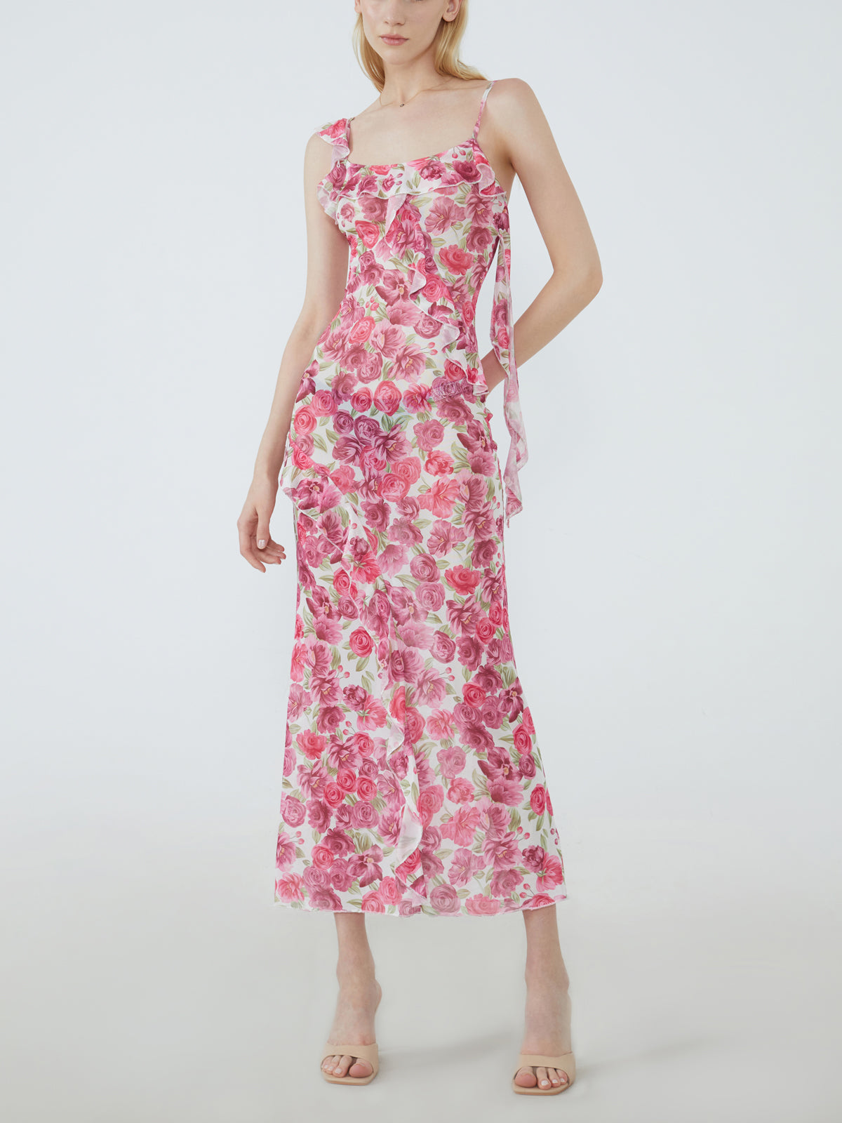 Asymmetrical Strap Floral Ruffle Long Dress