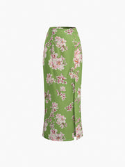 Vintage Floral Zippered Slit Skirt