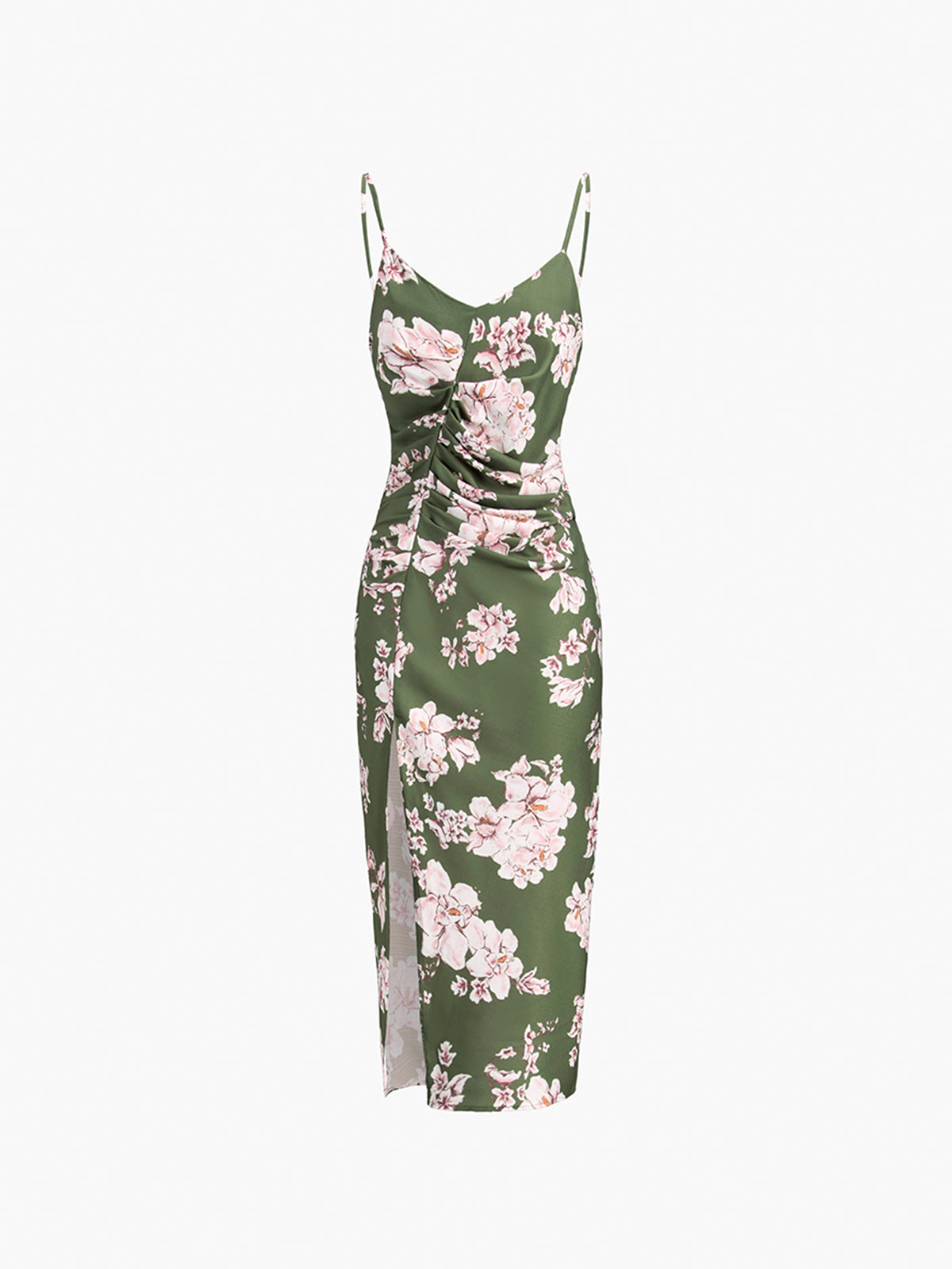 Floral Ruched Slit Midi Dress