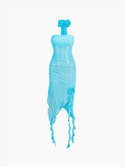Rosette Mesh Ruffle Tube Midi Dress