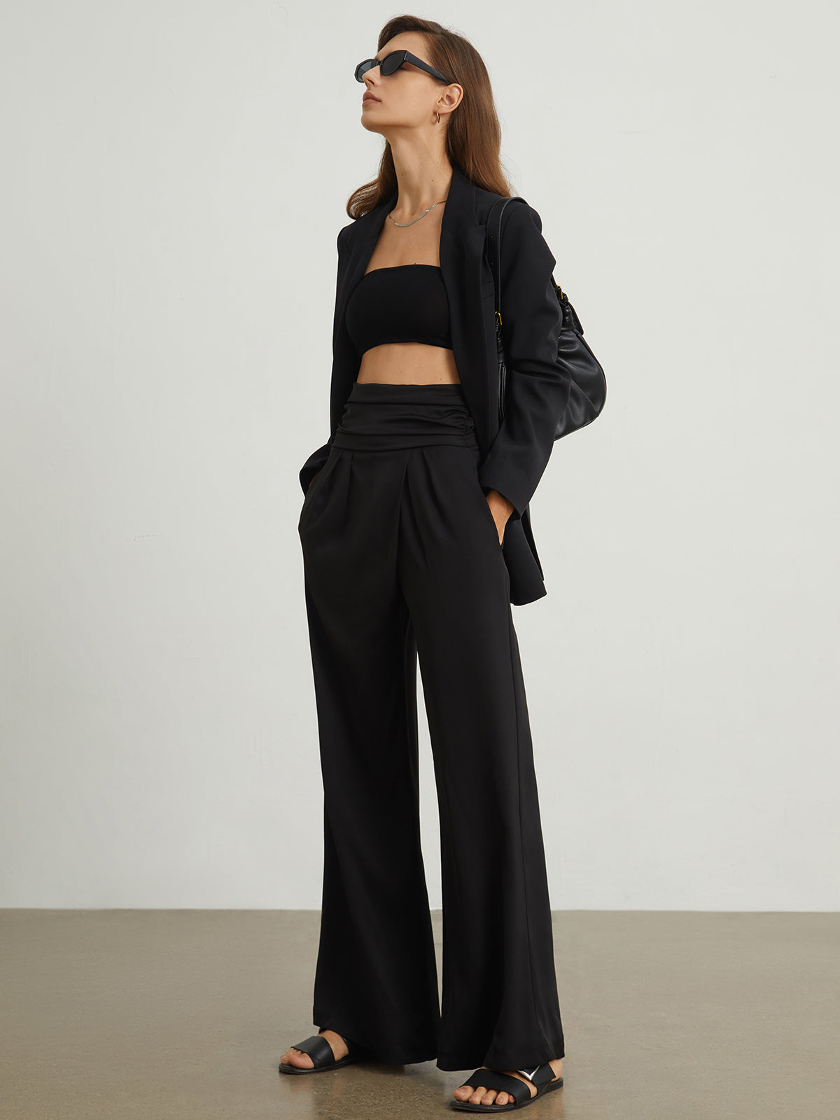 Ruched Waistband Wide Leg Pants