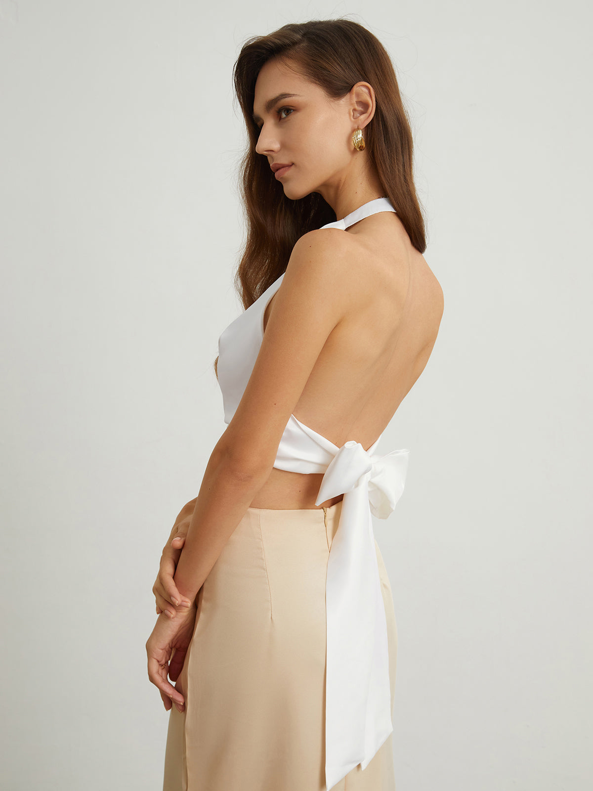 Cowl Neck Back Tied Satin Crop Top