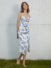 Blue Enchantress Floral Satin Midi Dress